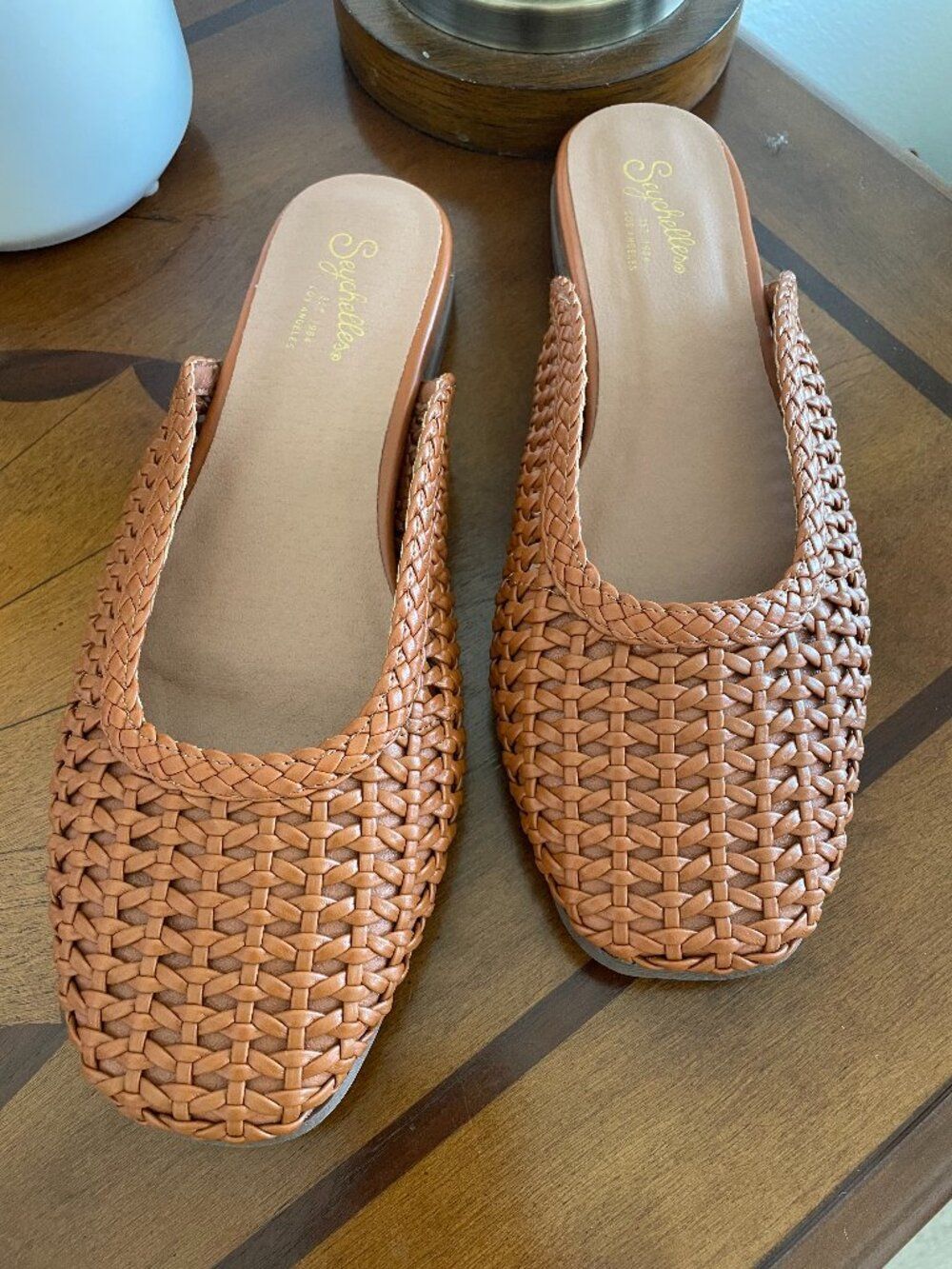 Seychelles Meet Me Half Way Tan Woven Leather Mules 9.5 Slip On NWOT